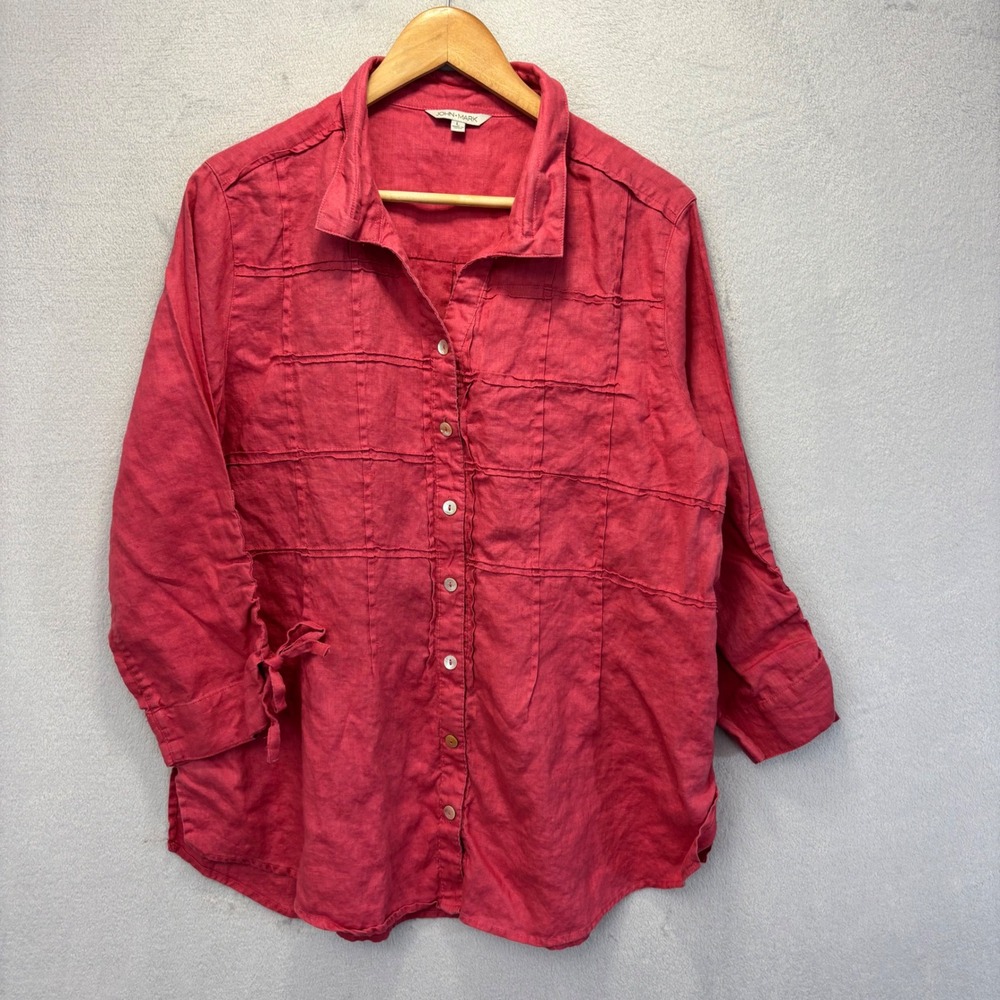 John Mark 100% Linen Button Up Top Womens Large Pink Stitched Grid Ruched Shirt